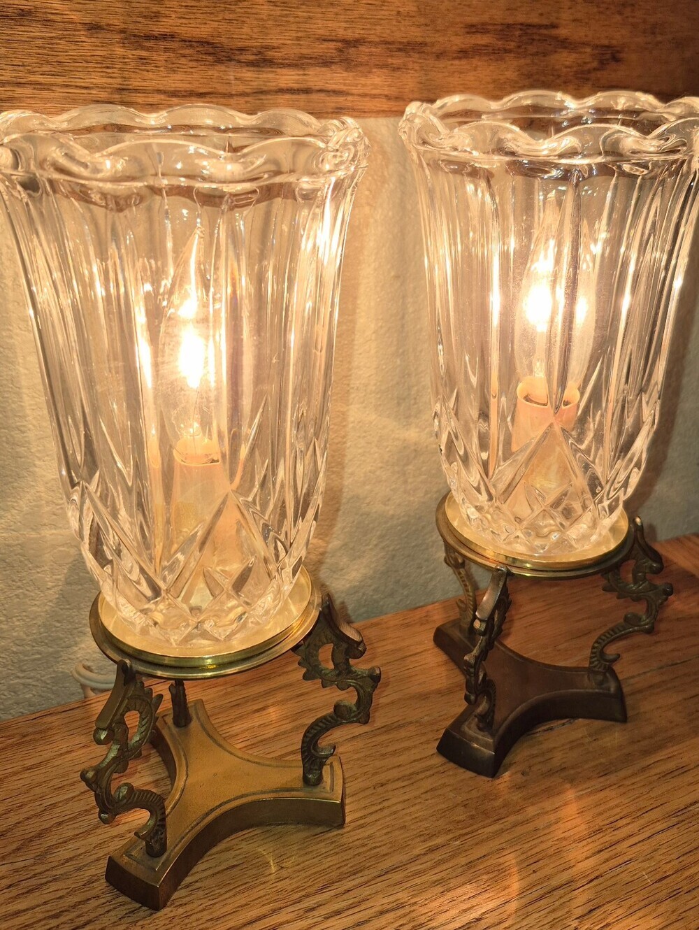 2 Vintage Crystal Glass Brass Light Lamp Boudoir Tulip Torch Hollywood Regency